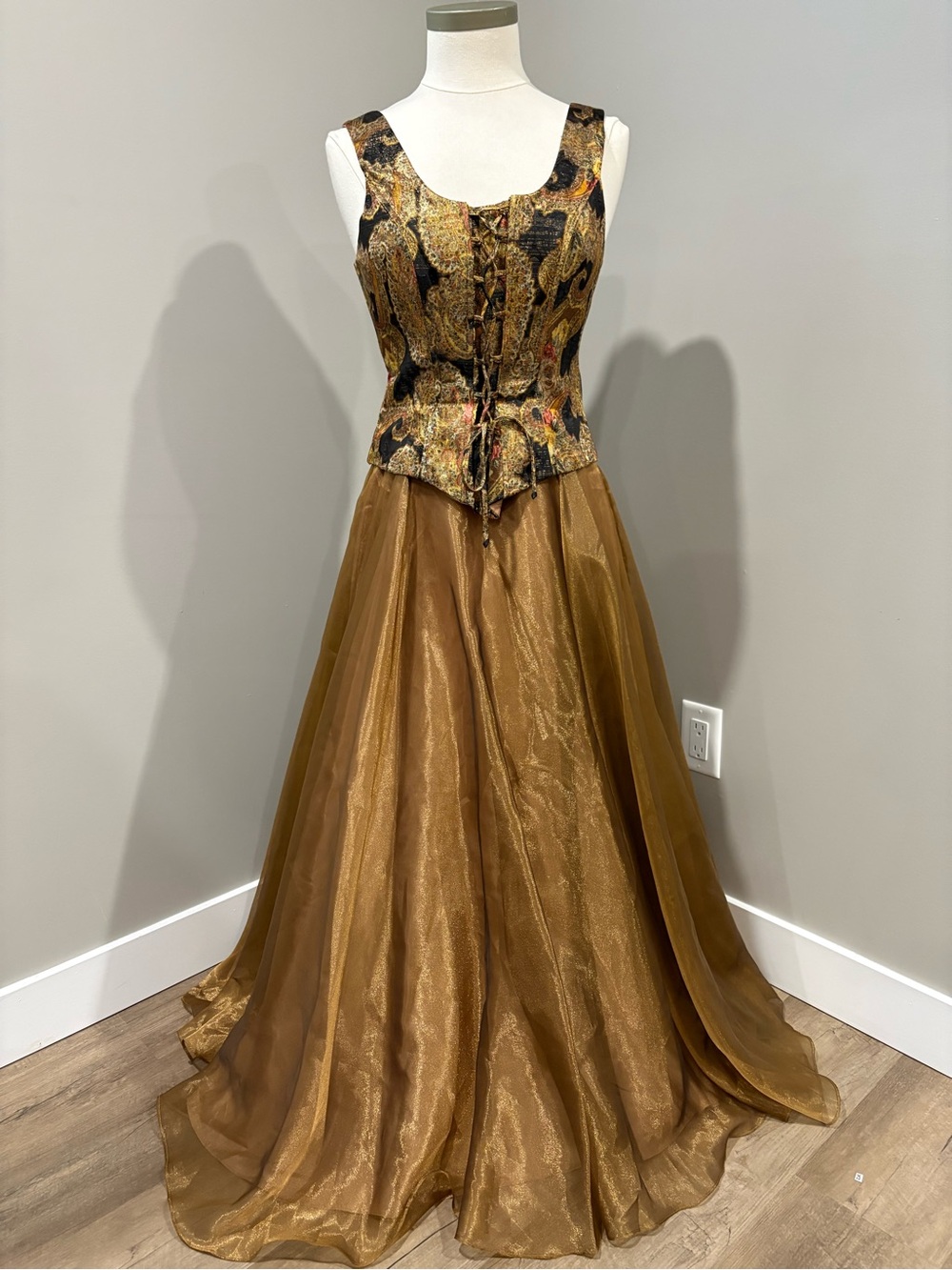 Vintage Gold Brocade Corset with Bronze Organza Ball Skirt